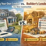 Buyer reviewing mortgage options for a new construction home with financing documents and house plans