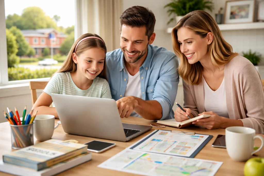 Family researching schools and neighborhoods together on a laptop at a kitchen table