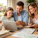 Family researching schools and neighborhoods together on a laptop at a kitchen table