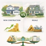 Comparison graphic showing new construction versus resale homes with themes of equity, maintenance, and long-term value.