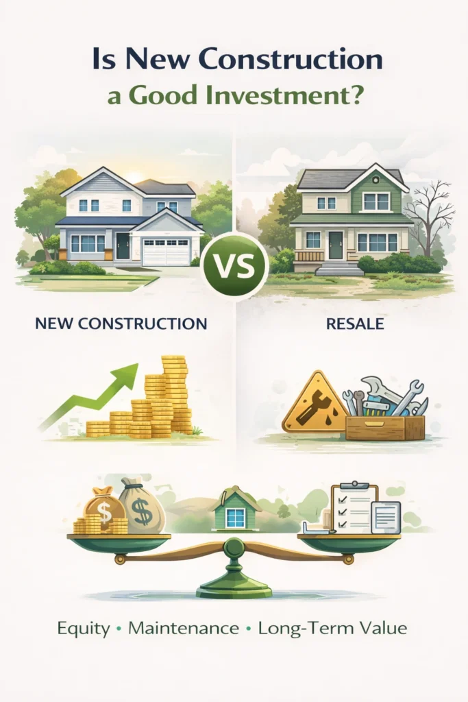 Comparison graphic showing new construction versus resale homes with themes of equity, maintenance, and long-term value.