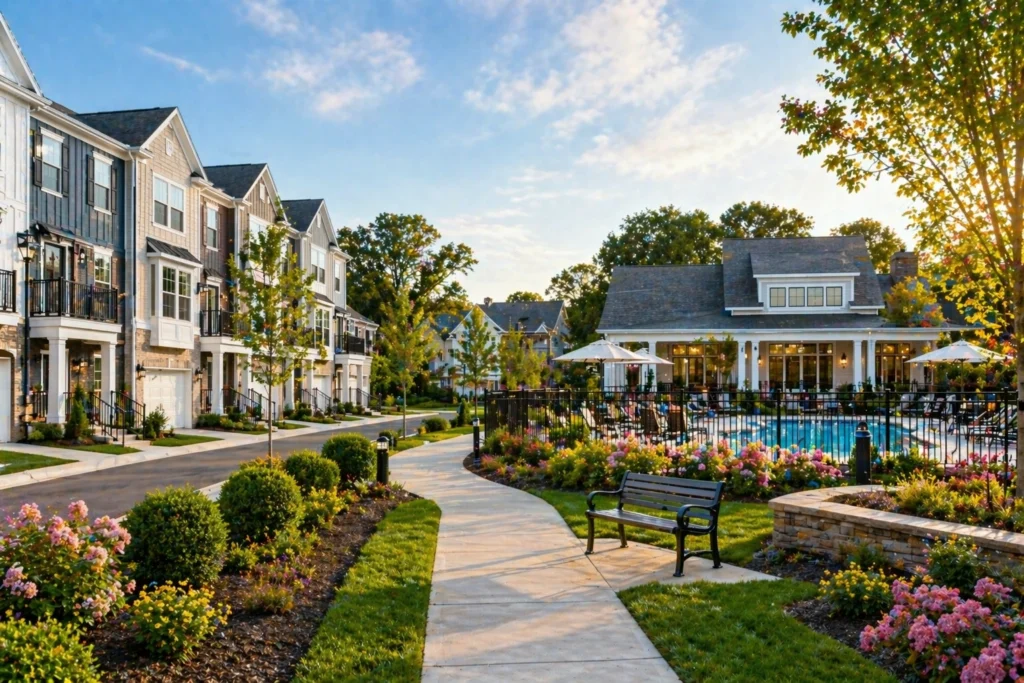 Charlotte-area neighborhood comparing modern townhomes and detached single-family homes