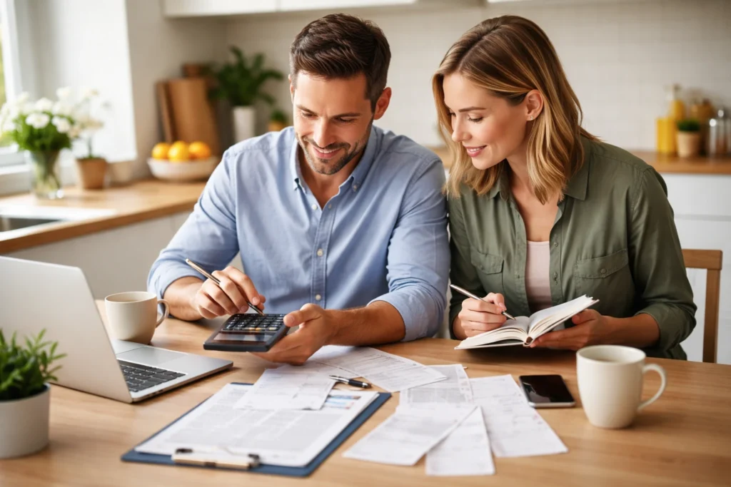 Couple budgeting at a kitchen table with bills, calculator, laptop, and coffee mugs Title: Monthly Home Ownership Costs Featured Image