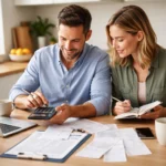 Couple budgeting at a kitchen table with bills, calculator, laptop, and coffee mugs Title: Monthly Home Ownership Costs Featured Image