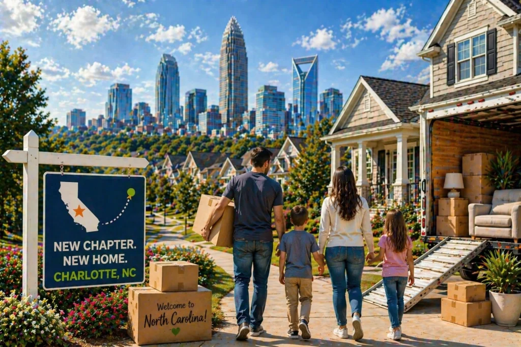 Family relocating from California to Charlotte in a suburban neighborhood with skyline backdrop
