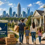 Family relocating from California to Charlotte in a suburban neighborhood with skyline backdrop
