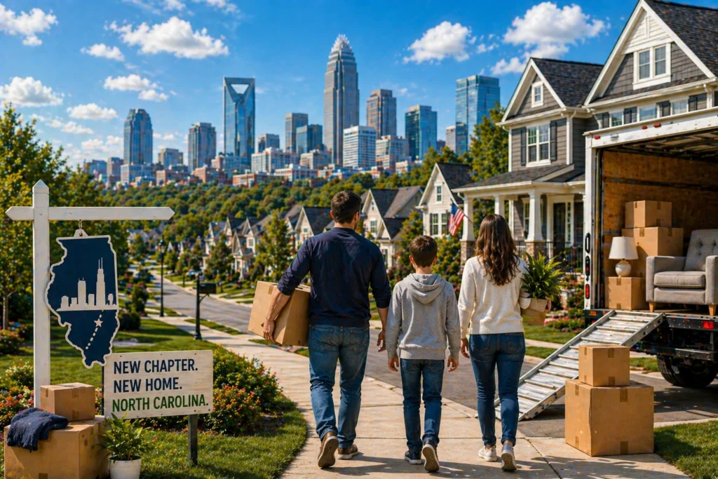 Family relocating from Illinois to Charlotte in a suburban neighborhood with skyline backdrop