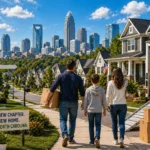 Family relocating from Illinois to Charlotte in a suburban neighborhood with skyline backdrop