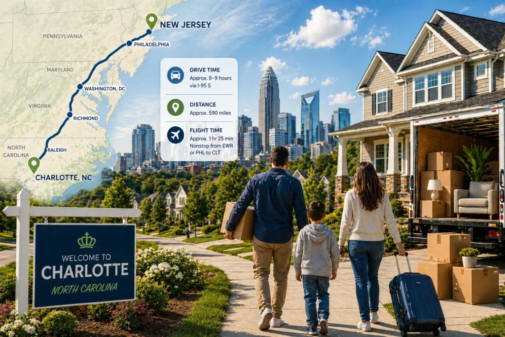 Family relocating from New Jersey to Charlotte with route map and neighborhood backdrop