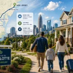 Family relocating from New Jersey to Charlotte with route map and neighborhood backdrop