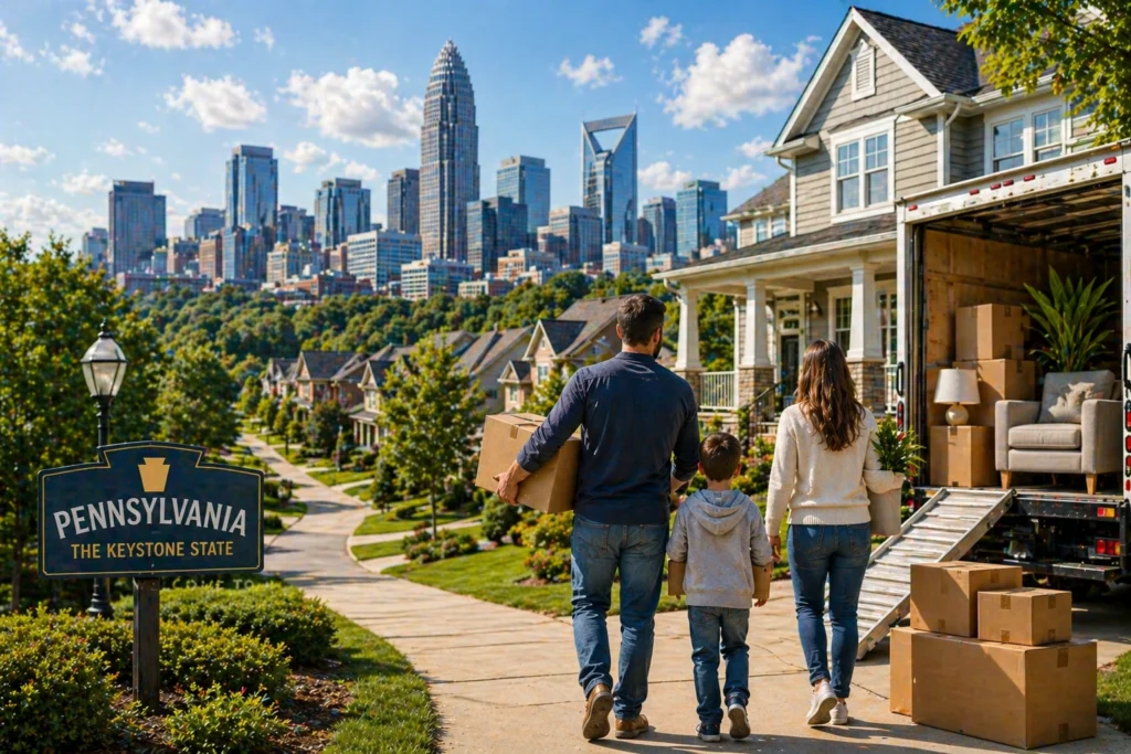 Family relocating from Pennsylvania to Charlotte in a suburban neighborhood with skyline backdrop
