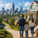 Family relocating from Pennsylvania to Charlotte in a suburban neighborhood with skyline backdrop