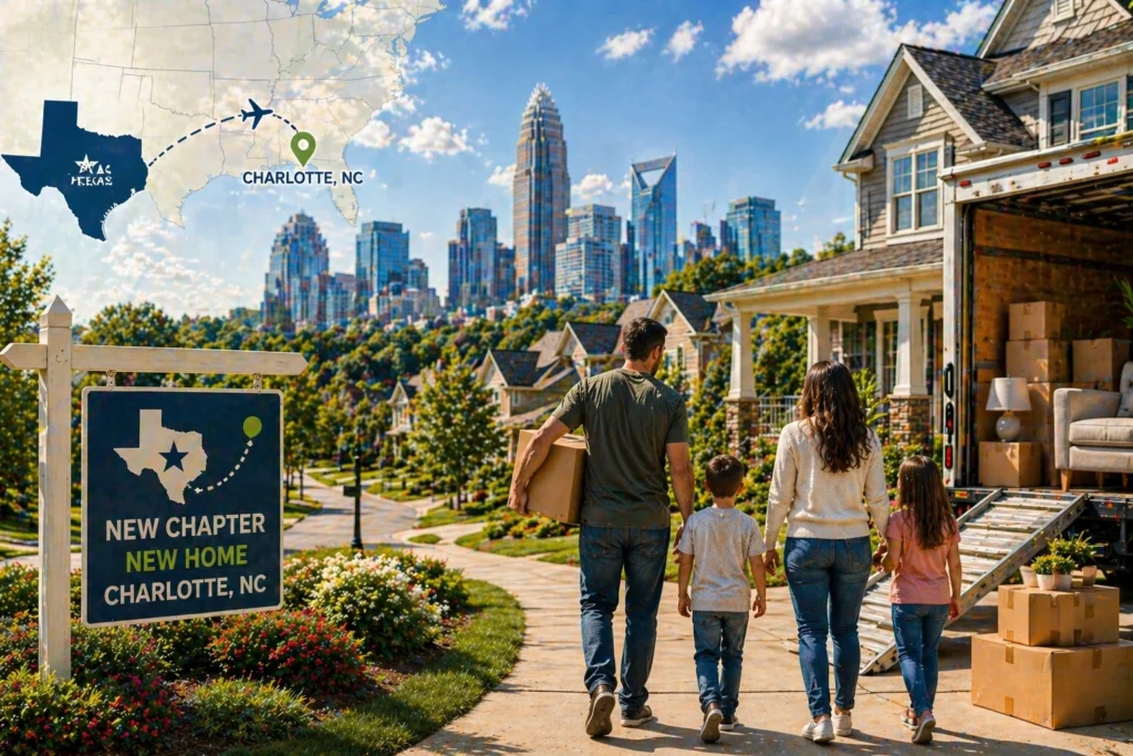 Family relocating from Texas to Charlotte in a suburban neighborhood with skyline backdrop