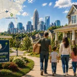Family relocating from Texas to Charlotte in a suburban neighborhood with skyline backdrop
