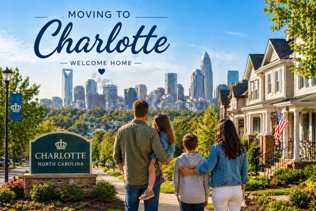 Family overlooking a Charlotte neighborhood and skyline while relocating to the area