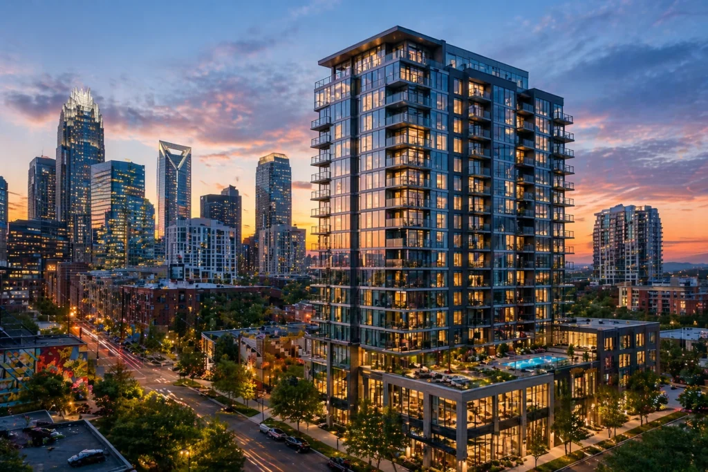 \Modern high-rise condo building in Charlotte with skyline views and an urban luxury residential setting at dusk