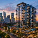 \Modern high-rise condo building in Charlotte with skyline views and an urban luxury residential setting at dusk