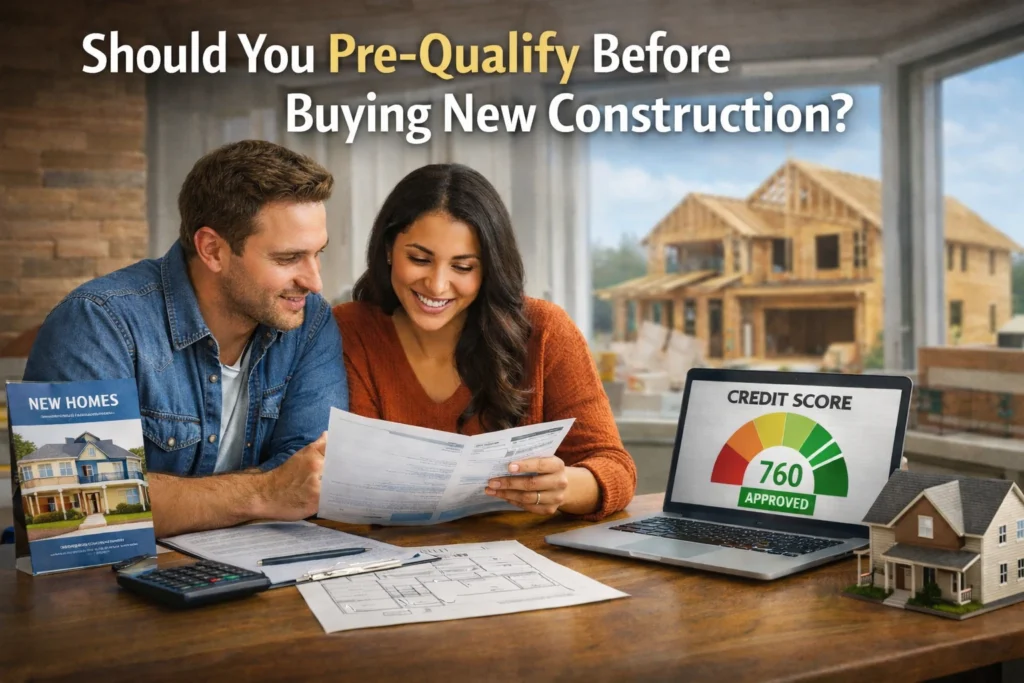 Couple reviewing financing paperwork for a new construction home with lender and credit visuals in the background