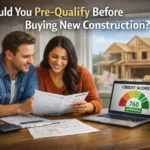 Couple reviewing financing paperwork for a new construction home with lender and credit visuals in the background