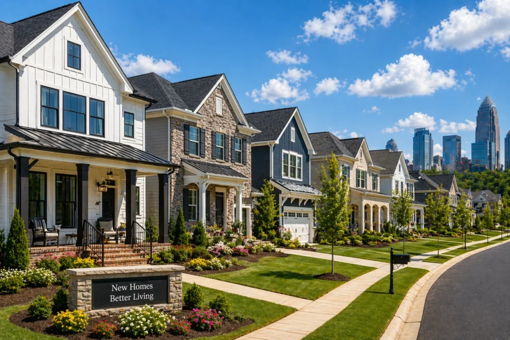 New construction homes in the Charlotte area showcasing a mix of builder styles with the Charlotte skyline in the background