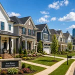 New construction homes in the Charlotte area showcasing a mix of builder styles with the Charlotte skyline in the background
