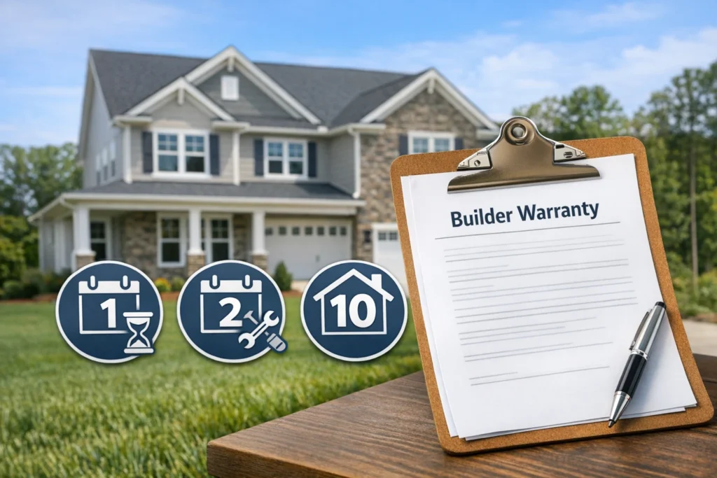 Newly built home with builder warranty paperwork representing 1-year, 2-year, and long-term coverage
