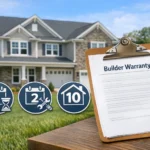Newly built home with builder warranty paperwork representing 1-year, 2-year, and long-term coverage
