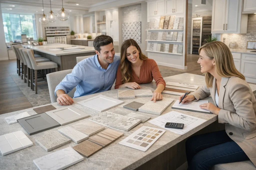 Buyers reviewing cabinets, tile, flooring, and countertop samples at a new construction builder design center