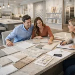 Buyers reviewing cabinets, tile, flooring, and countertop samples at a new construction builder design center