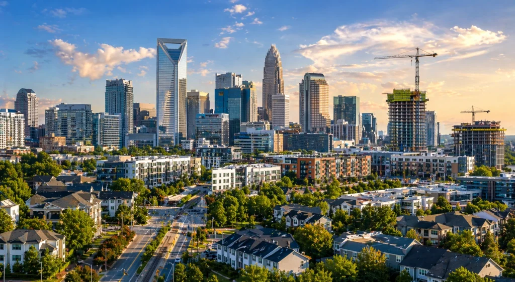 Charlotte skyline and expanding neighborhoods representing the city’s population and economic growth