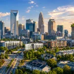 Charlotte skyline and expanding neighborhoods representing the city’s population and economic growth