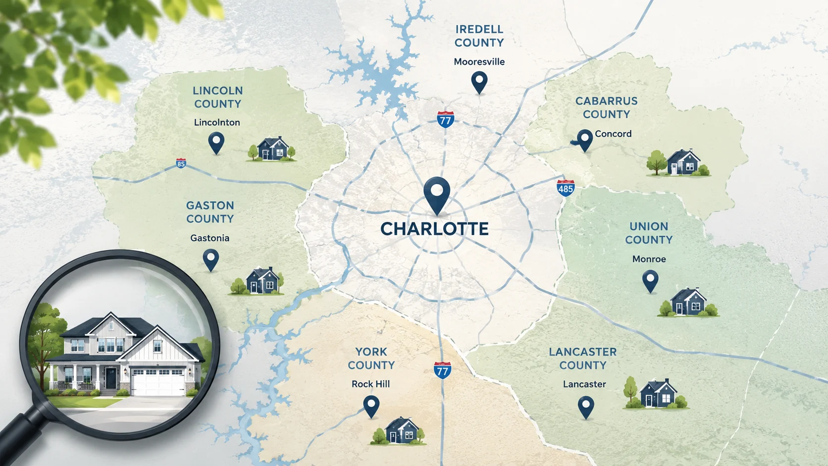 Search New Construction Communities by Location Map-inspired graphic for searching new construction communities by location around the Charlotte region