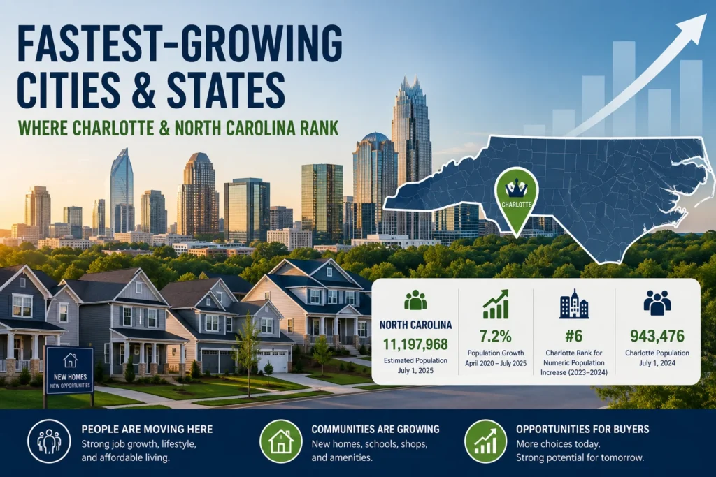Charlotte skyline and growing suburbs representing population growth across the Charlotte metro area in 2026