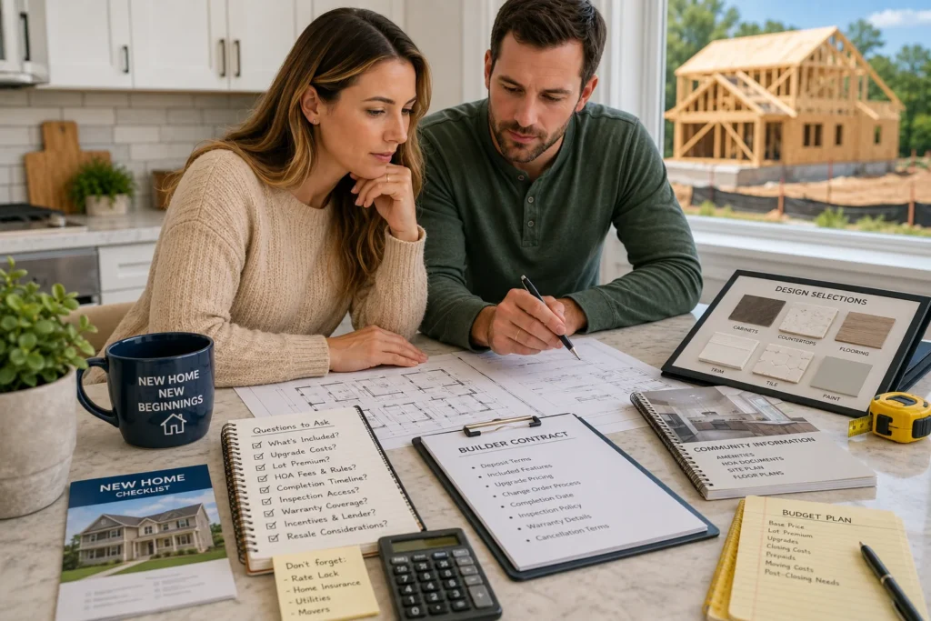 Buyers reviewing new construction home plans, builder paperwork, inspection notes, and budget details before signing a contract.