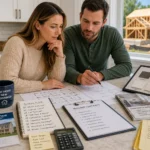 Buyers reviewing new construction home plans, builder paperwork, inspection notes, and budget details before signing a contract.
