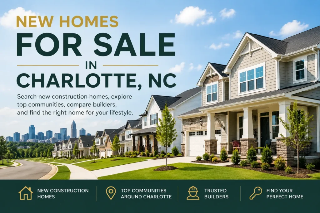New homes for sale in Charlotte NC with modern neighborhood and skyline