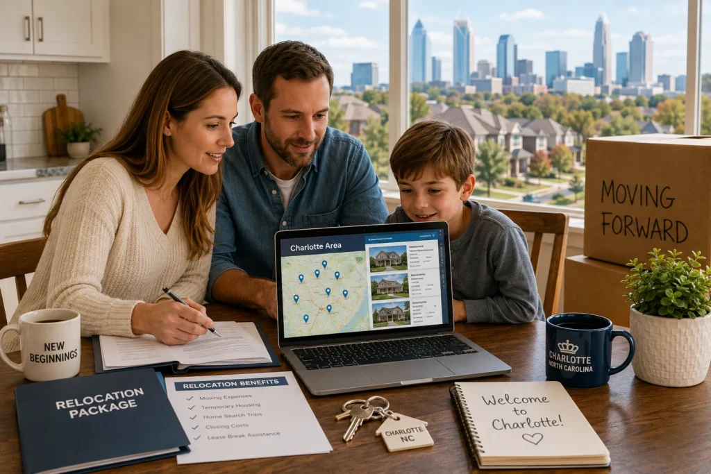 Family reviewing relocation paperwork and a Charlotte-area home search on a laptop