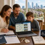 Family reviewing relocation paperwork and a Charlotte-area home search on a laptop