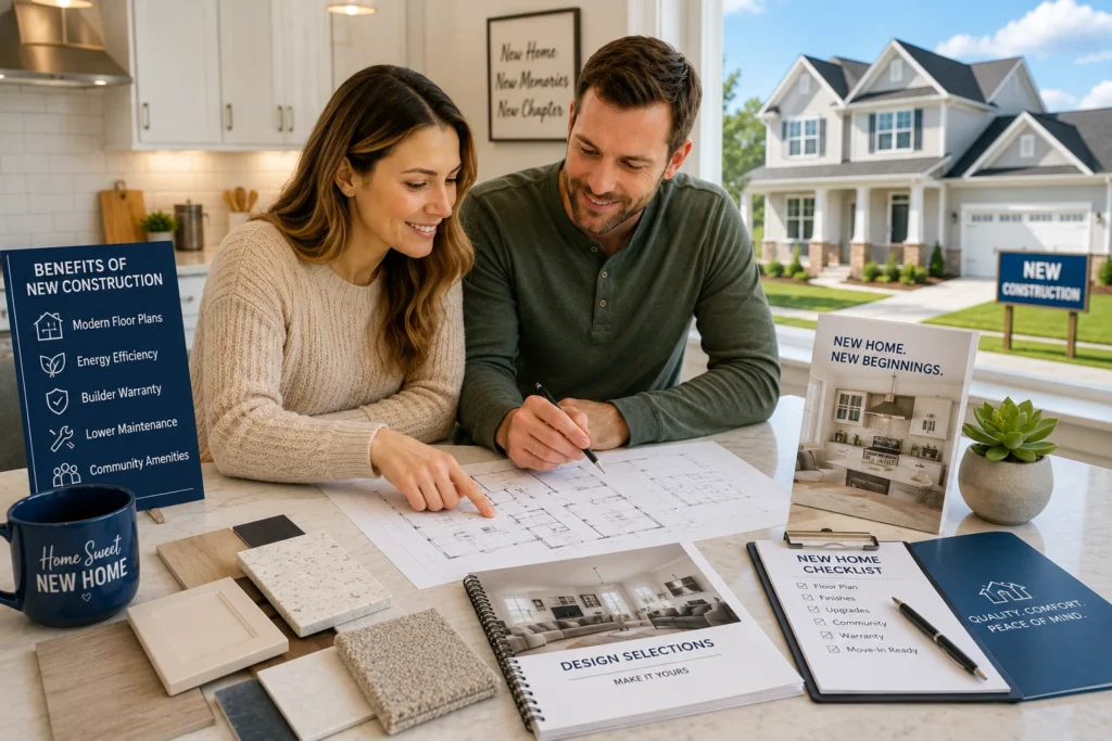 Benefits of New Construction Homes for Charlotte-Area Buyers Couple reviewing a new construction home plan with modern finishes, builder paperwork, and a newly built home in the background.