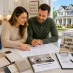 Couple reviewing a new construction home plan with modern finishes, builder paperwork, and a newly built home in the background.