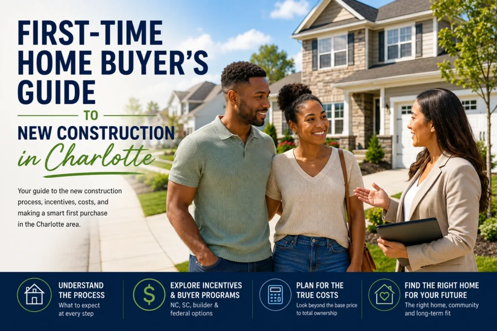 first-time buyers touring a new construction home in the Charlotte area with an agent