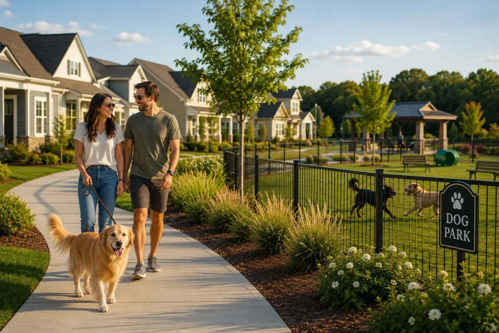 Couple with a dog reviewing new construction home plans near a fenced backyard and neighborhood walking trail.