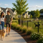 Couple with a dog reviewing new construction home plans near a fenced backyard and neighborhood walking trail.