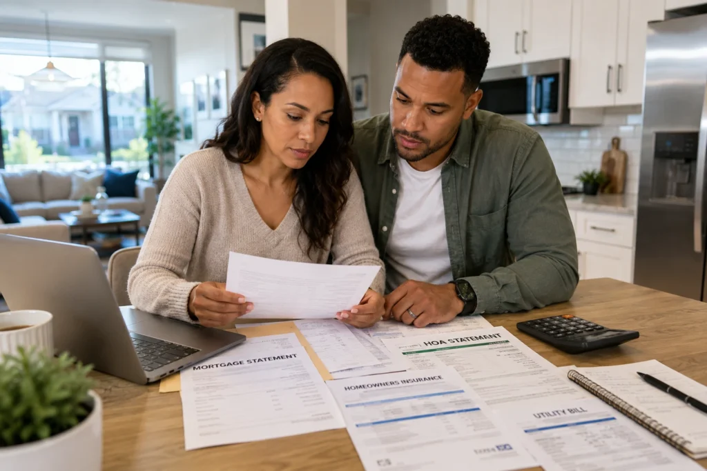 Charlotte-area homebuyers reviewing mortgage, insurance, HOA, utility, and maintenance costs while budgeting for homeownership