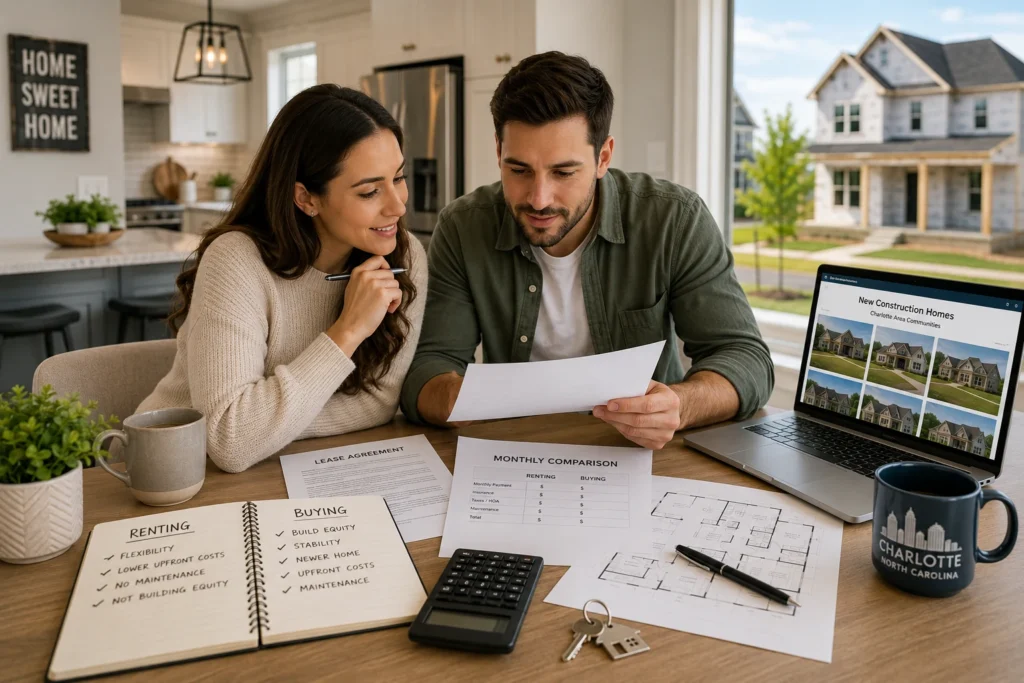 Couple comparing a rental lease and new construction home plans while deciding whether to rent or buy in the Charlotte area.