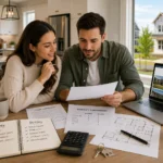 Couple comparing a rental lease and new construction home plans while deciding whether to rent or buy in the Charlotte area.