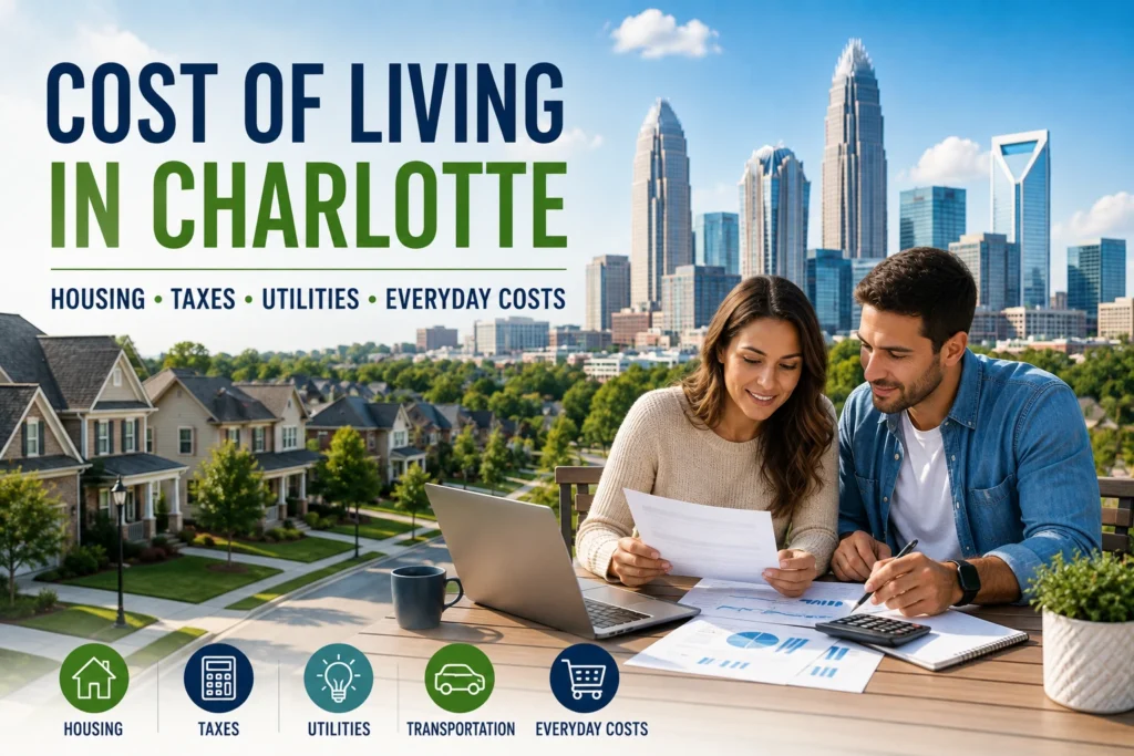 Couple reviewing Charlotte housing and living costs with suburban homes and the Uptown skyline