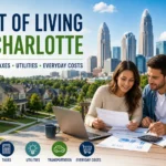 Couple reviewing Charlotte housing and living costs with suburban homes and the Uptown skyline